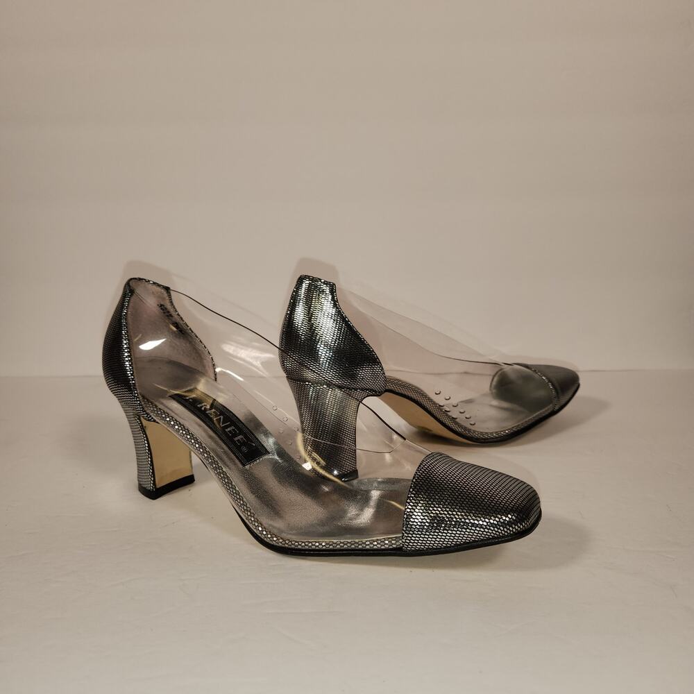 J RENEE Heels Womens 7.5M Vintage Clear Silver Metallic Textured‎ Prom Wedding